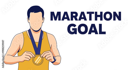 Marathon Winner Holding Medal With Marathon Goal Text Against White Background