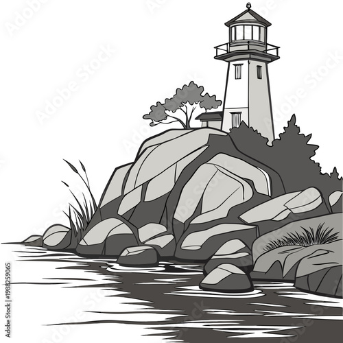 Black and white illustration of a lighthouse on a rocky coastline with trees and water
