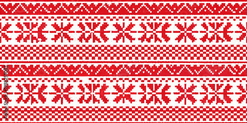 Repeating red and white nordic pattern resembling knitted fabric