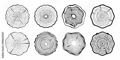 Eight black and white illustrations of varying tree stump cross sections