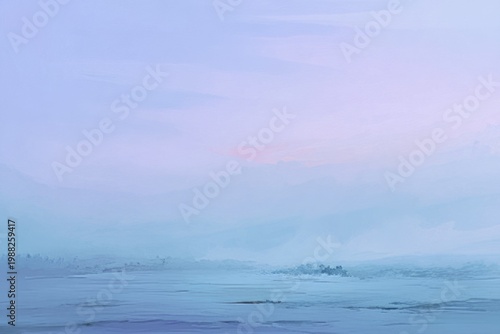 Tranquil pastel sunset over misty blue ocean horizon