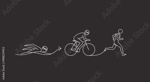 Minimalistic Depiction of a Triathlon Athlete, Following a Sequential Sport Event Journey