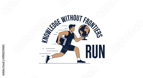 Man Running with Globe and Books Represents a Global Knowledge Concept Design.