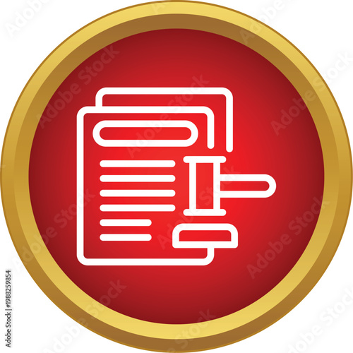 Document pages with a gavel on a red and gold button representing law and order