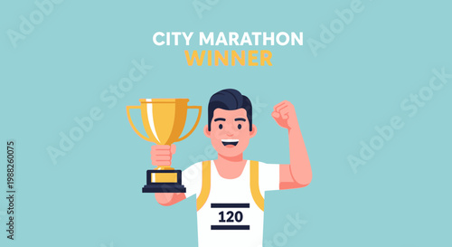 Marathon Champion Celebrates Triumph With Golden Trophy and Energetic Expression of Joyful Victory