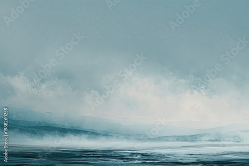 Misty ocean horizon under cloudy sky