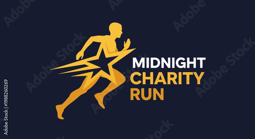 Midnight Charity Run Featuring Golden Runner Silhouette with Star Shape and Bold Typography