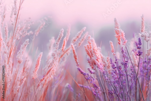 Tranquil pink and purple pastel meadow with soft focus wildflowers
