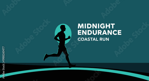 Midnight Endurance Coastal Run: Silhouette Of Active Runner On Turquoise Background