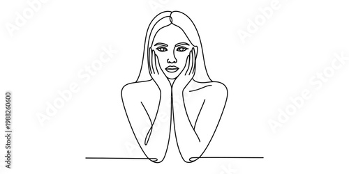 Continuous line drawing of a beautiful woman face with hands on cheeks in minimalist style.
