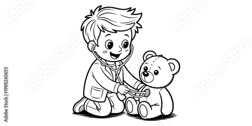 Little boy playing doctor and examining his teddy bear with a stethoscope coloring page
