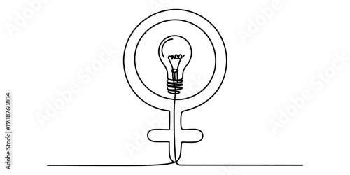 Minimalist continuous line drawing of a female gender symbol with a light bulb inside