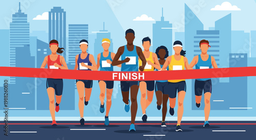 Marathon Race: Athletes Crossing The Finish Line With Urban City Background Design
