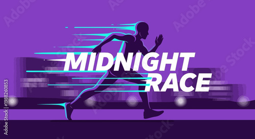 Midnight Race, Silhouette Runner in Motion Against Cityscape At Night, Colorful Design