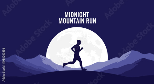Midnight Mountain Runner Under The Enormous Moon Against The Deep Blue Sky