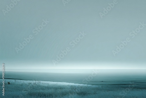 Tranquil ocean horizon with calm waters and subtle ripples in a misty blue atmosphere