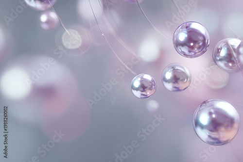 Abstract metallic spheres on soft pastel background with reflective surfaces
