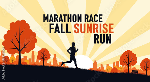 Marathon Race In Autumn, Running During Sunrise, Sportive Event in Nature Scene