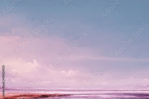 Serene pastel landscape with pink and blue sky and calm water at sunset