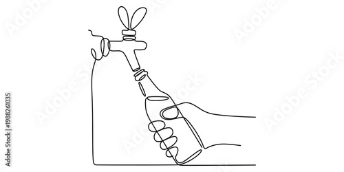 Continuous line drawing of a hand holding a glass bottle under a water tap for filling.