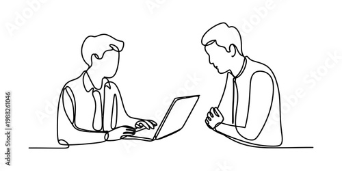 Continuous line drawing of two businessmen working together on a laptop in a minimalist style.