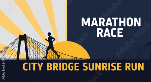 Marathon Race Over A Bridge Silhouetted Against The Rising Sun And Scenic Cityscape