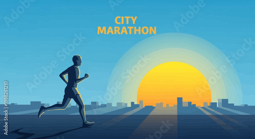 Marathon Runner Against a Vibrant Sunrise Depicting Cityscape Silhouette