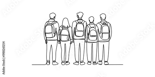 One line drawing of a group of five students with backpacks standing together from behind