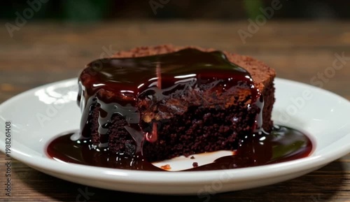 Rich chocolate fudge cake with glossy chocolate glaze sauce on a plate, a fork taking a decadent bite. Closeup, macro shot, slow motion.