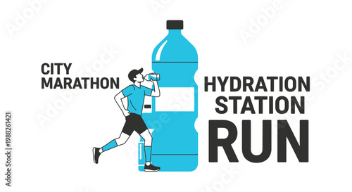 Marathon Runner Hydrating At City Race With Large Water Bottle Graphic Design