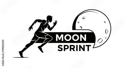 Moon Sprint Graphic: Runner Silhouette with a Crescent Moon Symbol in Black and White