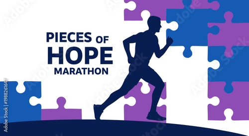 Marathon Runner Silhouette Racing Towards Completion with Puzzle Pieces of Hope Vision