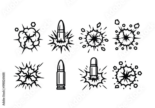 Explosion and Bullet Icons Set.