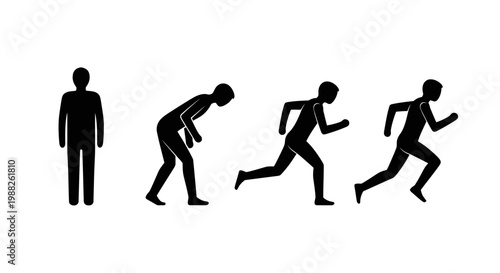 Minimalist Human Silhouettes: Standing, Preparing To Run, Sprinting, And Finalizing Run.