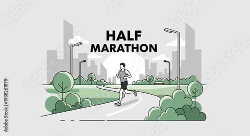 Minimalist Illustration of Half Marathon Runner in Park Setting Monochrome Design