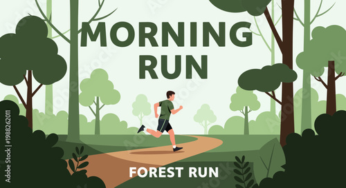 Morning Run In Forest With Illustration Of Person, Healthy Life And Active Lifestyle