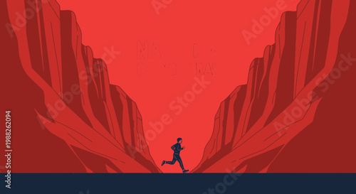 Minimalist Runner Navigating a Challenging Canyon Trail Under a Crimson Sky