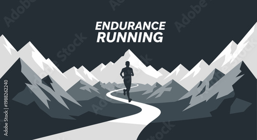 Minimalist Silhouette Depicting Endurance Runner Navigating Mountainous Terrain