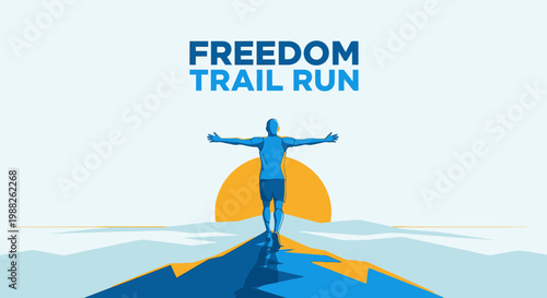 Motivational Illustration Of Trail Runner Reaching The Finish At Daybreak Minimalist Design