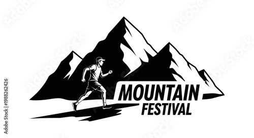 Mountain Festival Illustration Depicting a Runner, Black and White, Sporty Logo Concept
