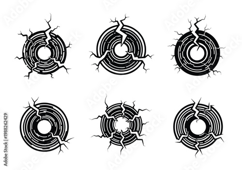 Set of Six Cracked Circular Graphic Elements.