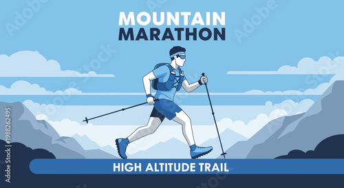 Mountain Marathon Runner Ascending High Altitude Trails With Poles