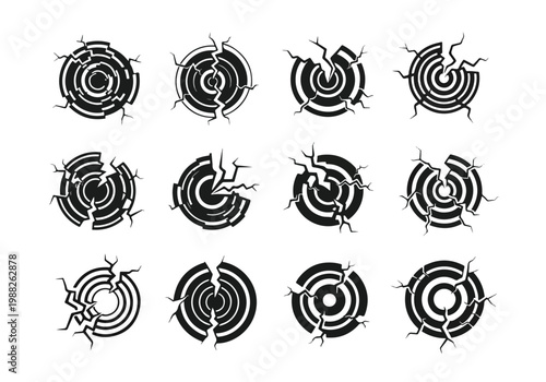 Set of Circular Target Icons with Cracks.