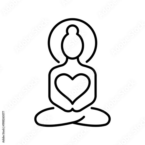 Buddha meditation icon. Religion and buddhism line symbol. Black and white.