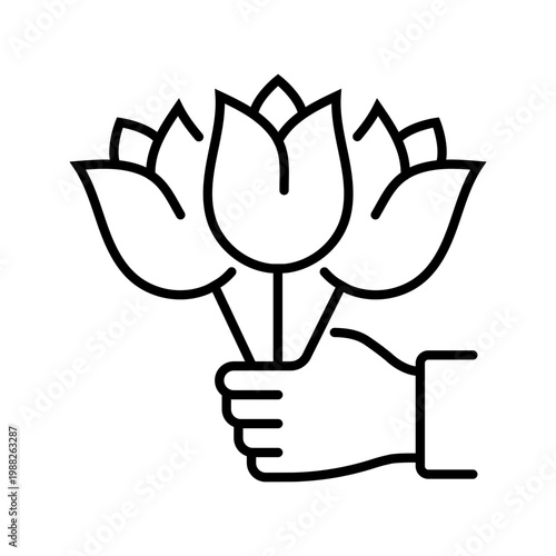 Flower bouquet icon. Celebration and floral gift line symbol. Black and white.