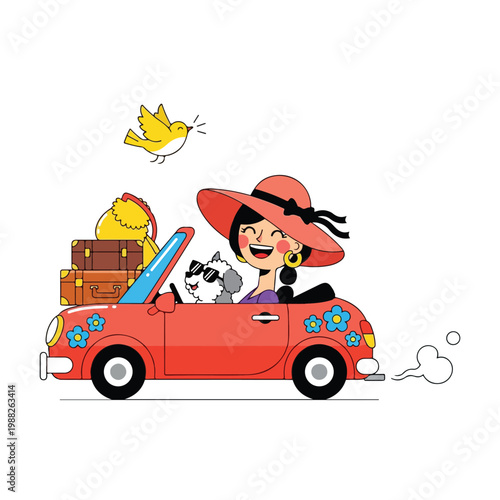 A funny red cartoon vector illustration of a happy man and his animal friend driving a red automobile on a road trip for family travel fun