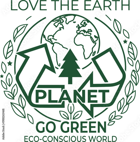 Graphic emblem for environmental protection and sustainable practices, featuring a recycling symbol, Earth, and tree, promoting a green and eco-conscious world