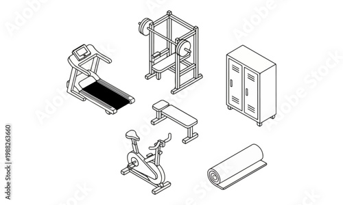 Gym Equipment Set Isometric Line Art Icons for Fitness Workout