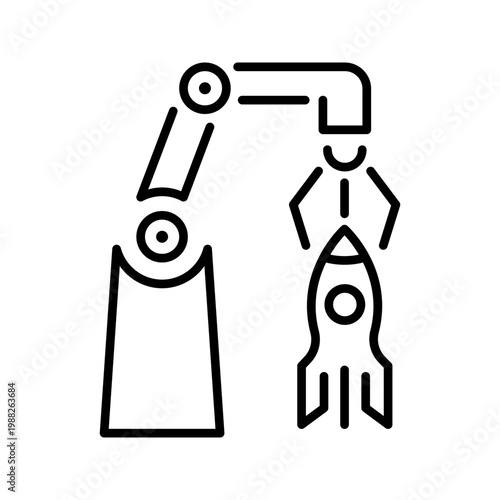 Rocket assembly icon. Industry and aerospace manufacturing line symbol. Black and white.