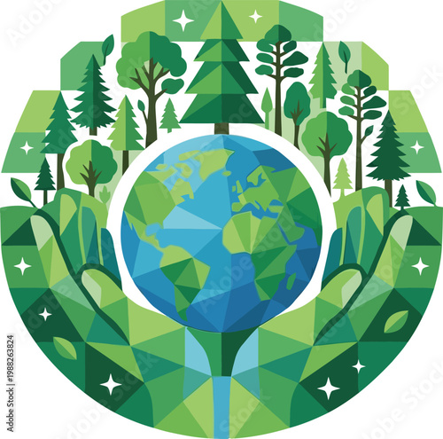 Vibrant geometric illustration of hands cradling planet Earth, encompassed by a lush green forest and stars, symbolizing global environmental protection and sustainable collective stewardship